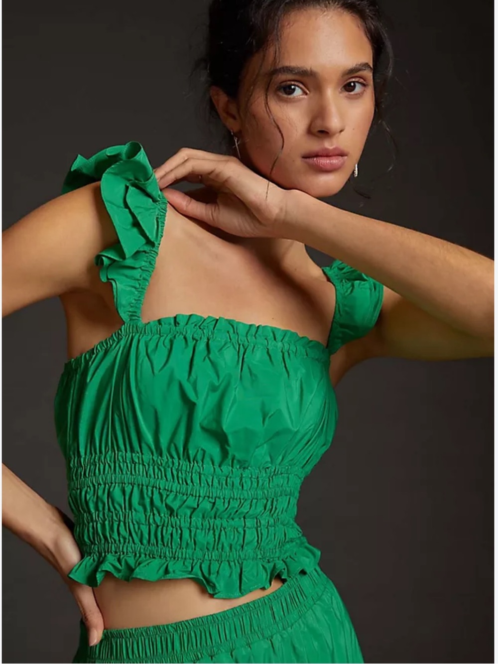Anthropologie Maeve Women's Smocked Taffeta Tank Green Ruffle Cropped Boho